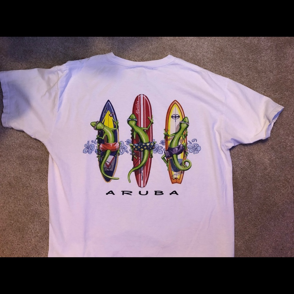 White Aruba t shirt with graphic on the back.